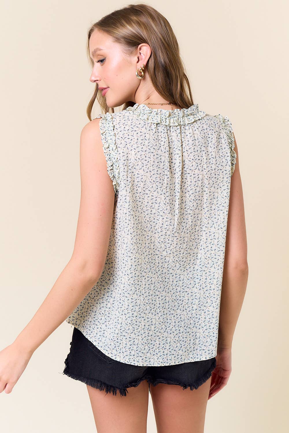 Cotton Ditzy Floral V-Neck Ruffled Sleeveless Top