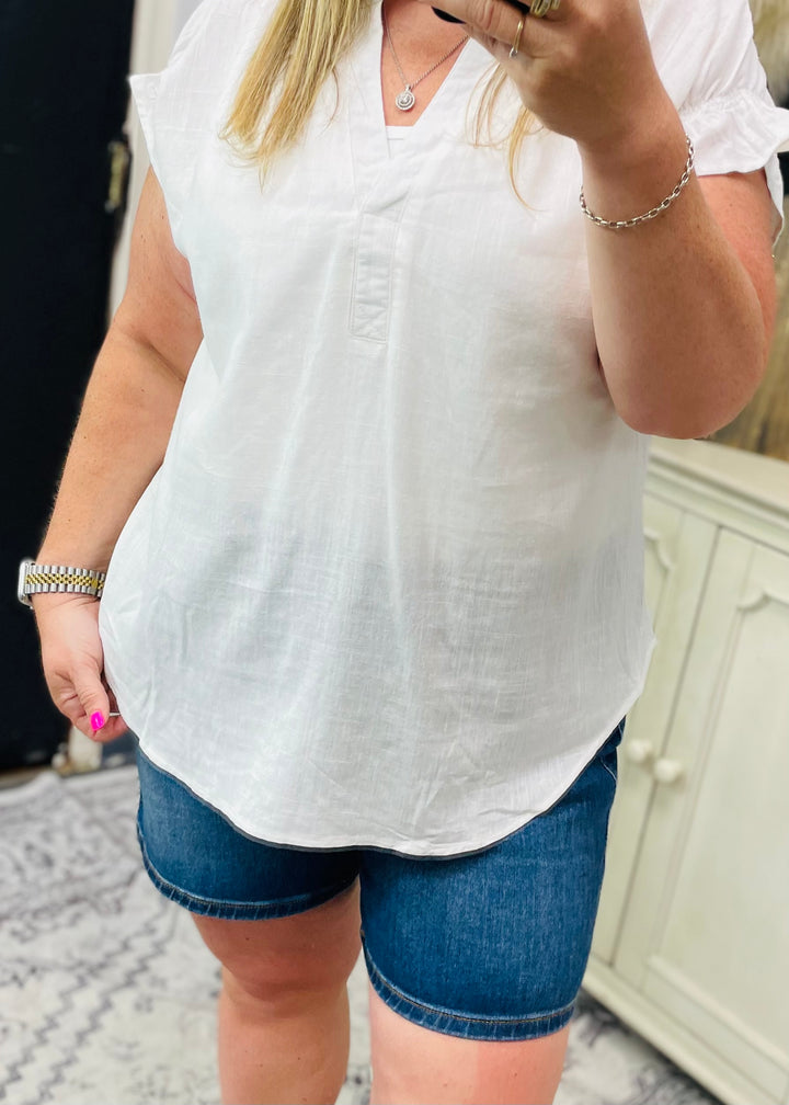 White Split Neck Linen Blouse