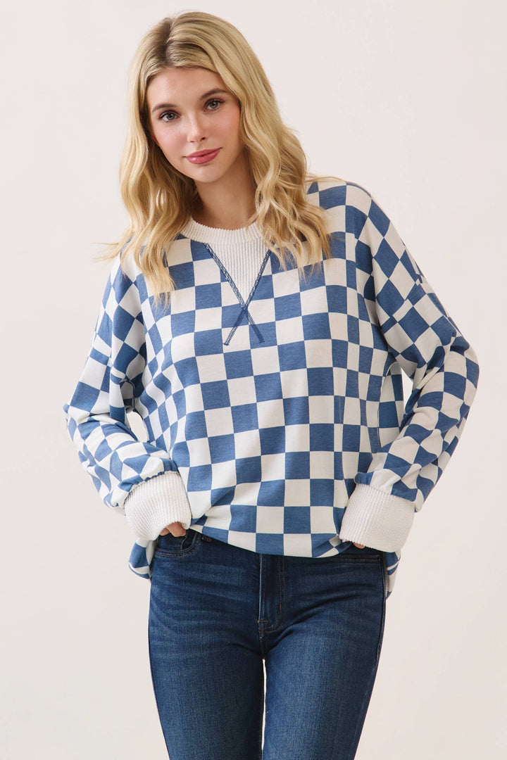 Blue Grid Pullover Top