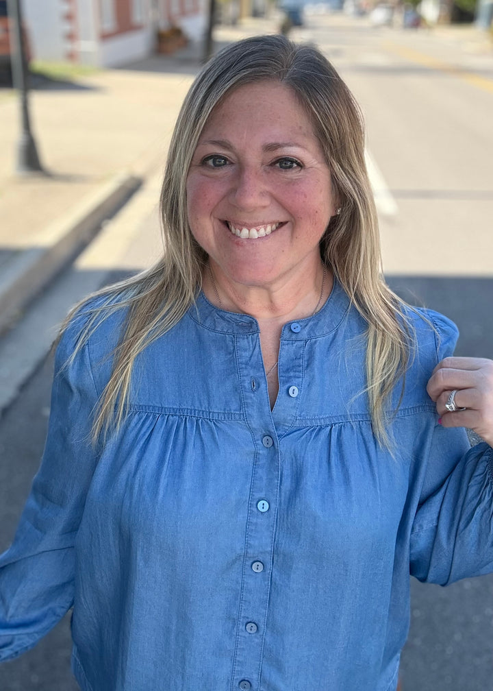 Tencel Button Front Peasant Top