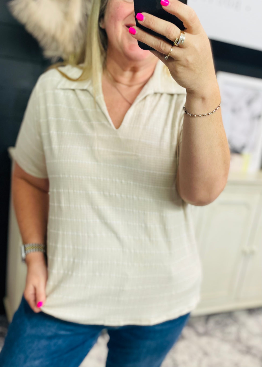 Cream and White Stripe Collared Top