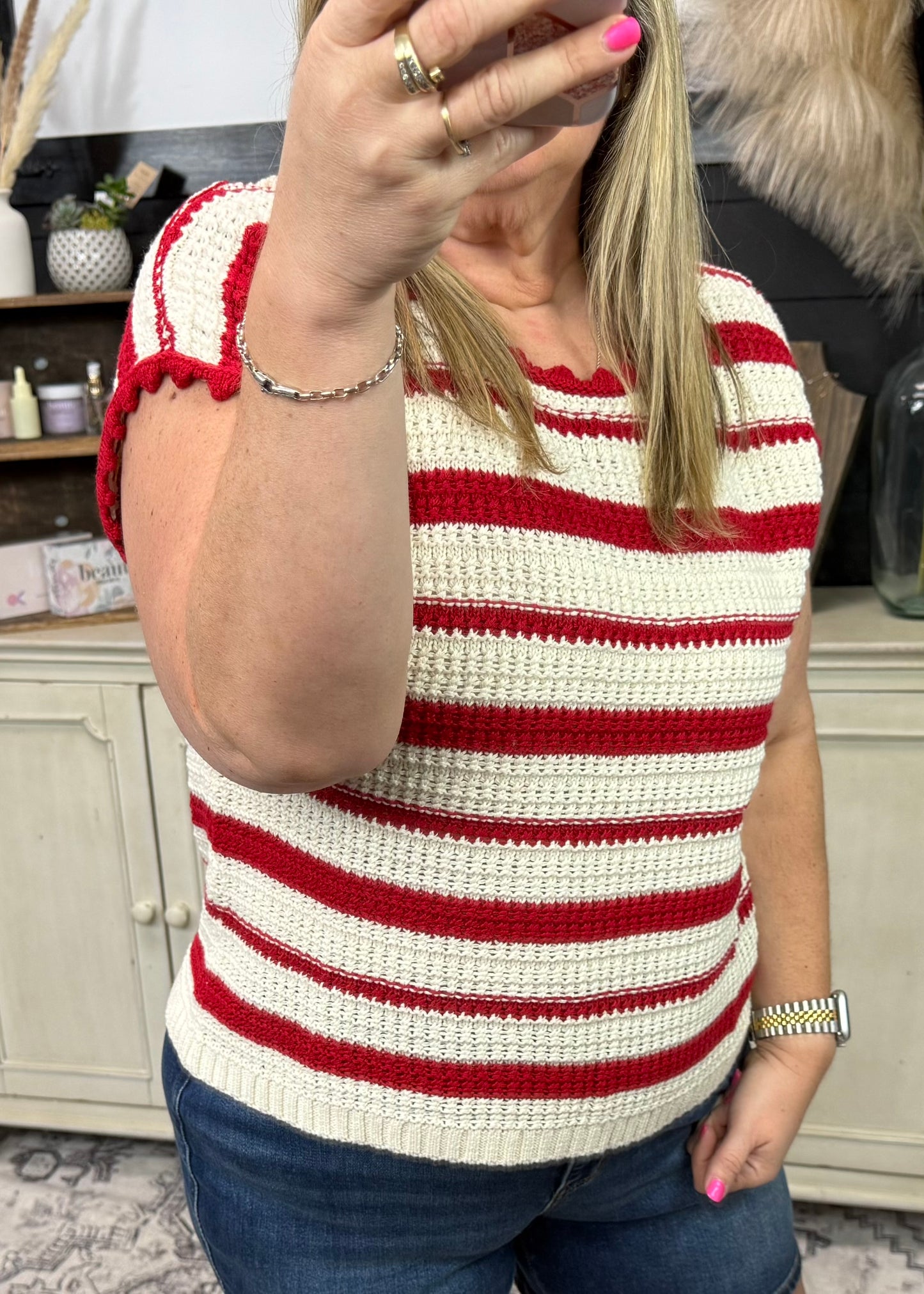 STRIPE SCALLOP TRIM SHORT SLEEVE CROCHET SWEATER
