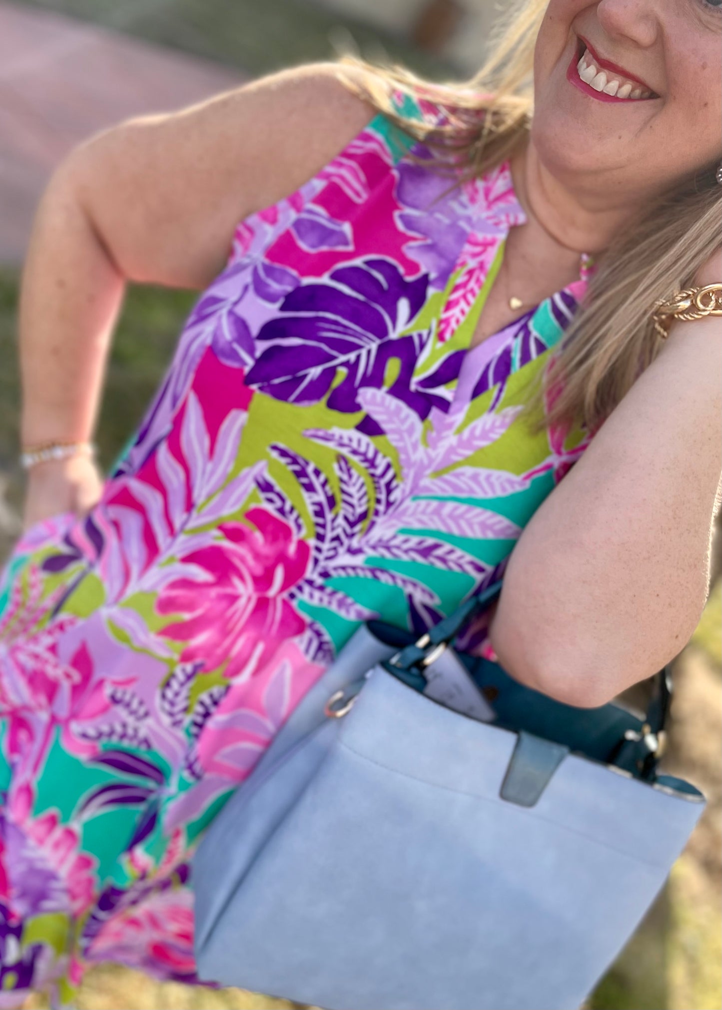 Magenta Summer Tropical Leaf Print Dress