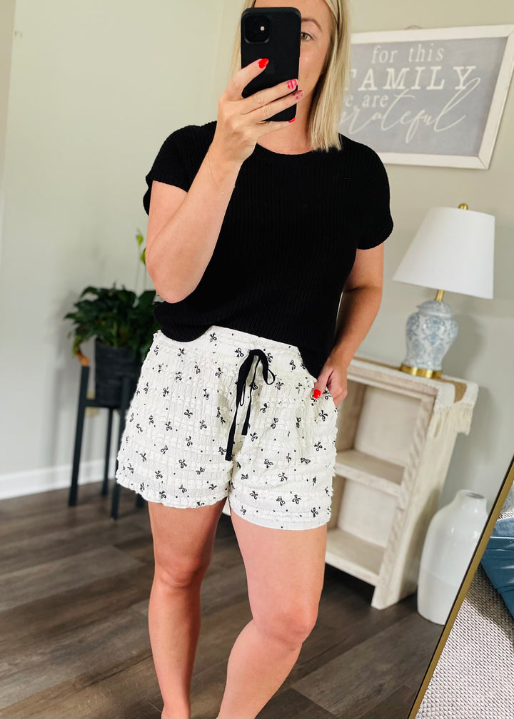Frill Bow Printed Drawstring Waist Wide Leg Short