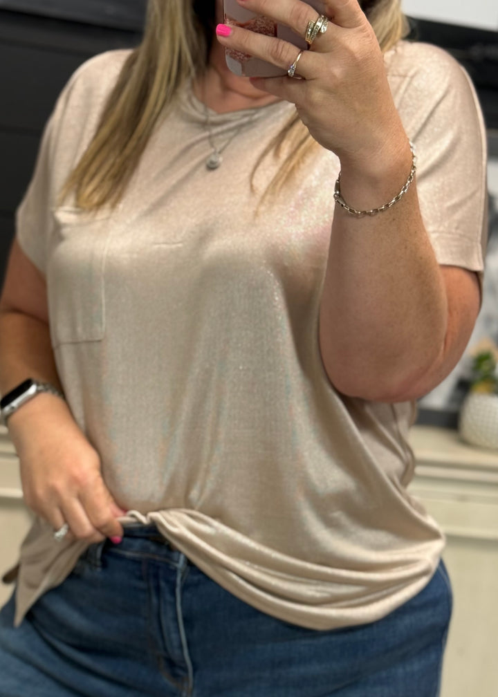 Sand Shimmer Short Sleeve Pocketed Tunic Top
