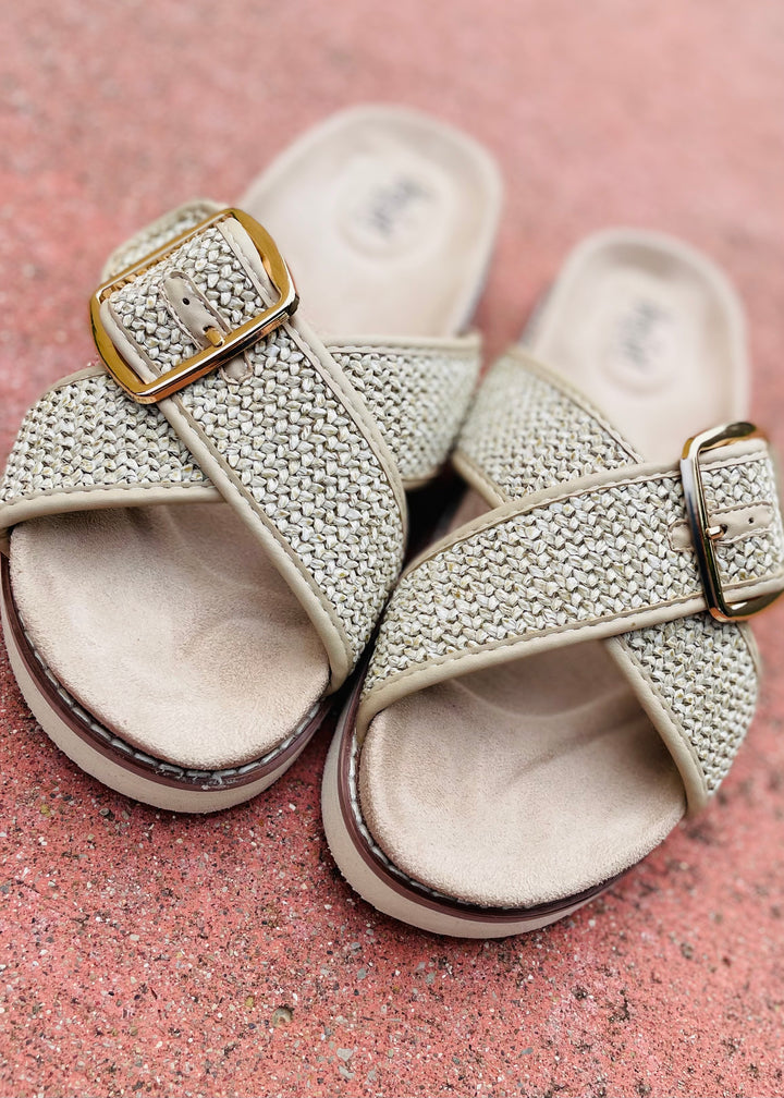 "Booked" Woven Cross Strap Design Slide Sandal