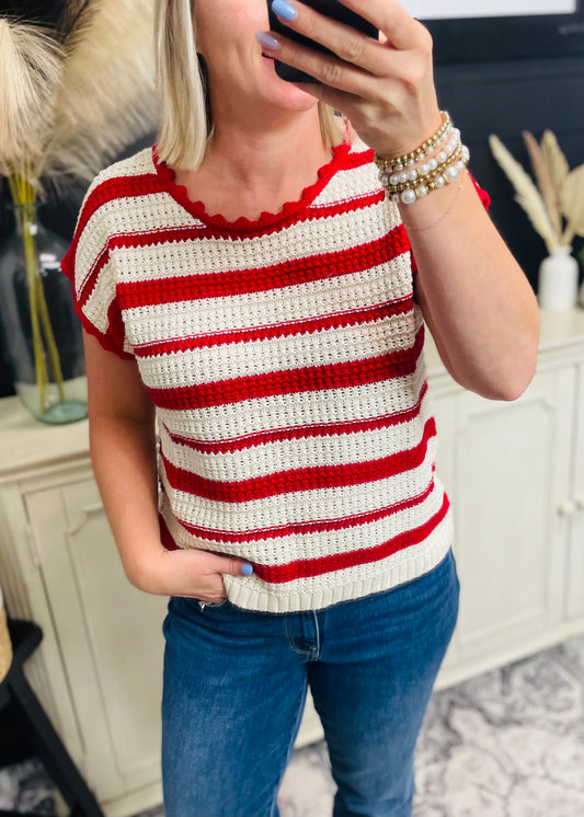 STRIPE SCALLOP TRIM SHORT SLEEVE CROCHET SWEATER