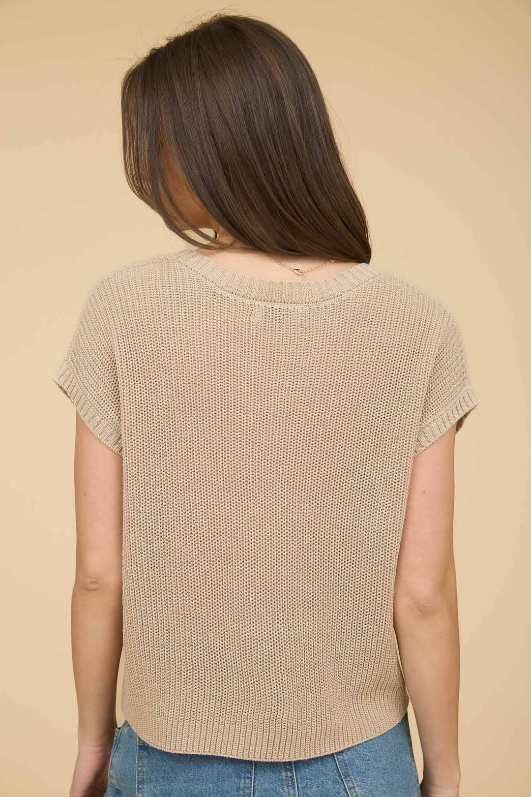 CREW NECK SHORT SLEEVE CROCHET KNIT PULLOVER