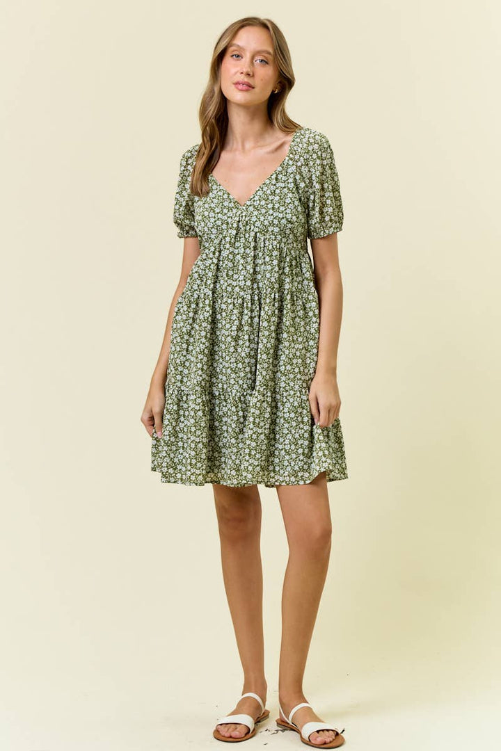Floral Printed Tiered Mini Dress W/Side Pocket