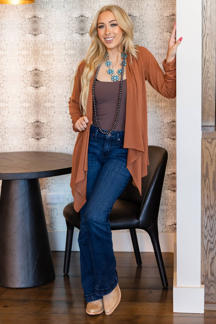 Rust - Soft Drape Open Front Cardigan