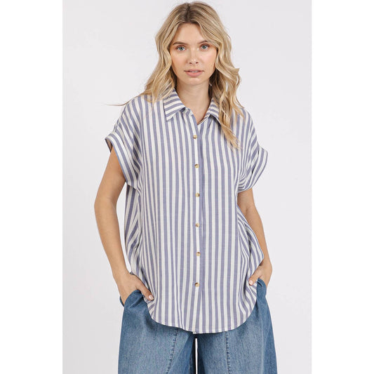 STRIPED PRINT SHORT SLEEVE BUTTON DOWN SHIRT
