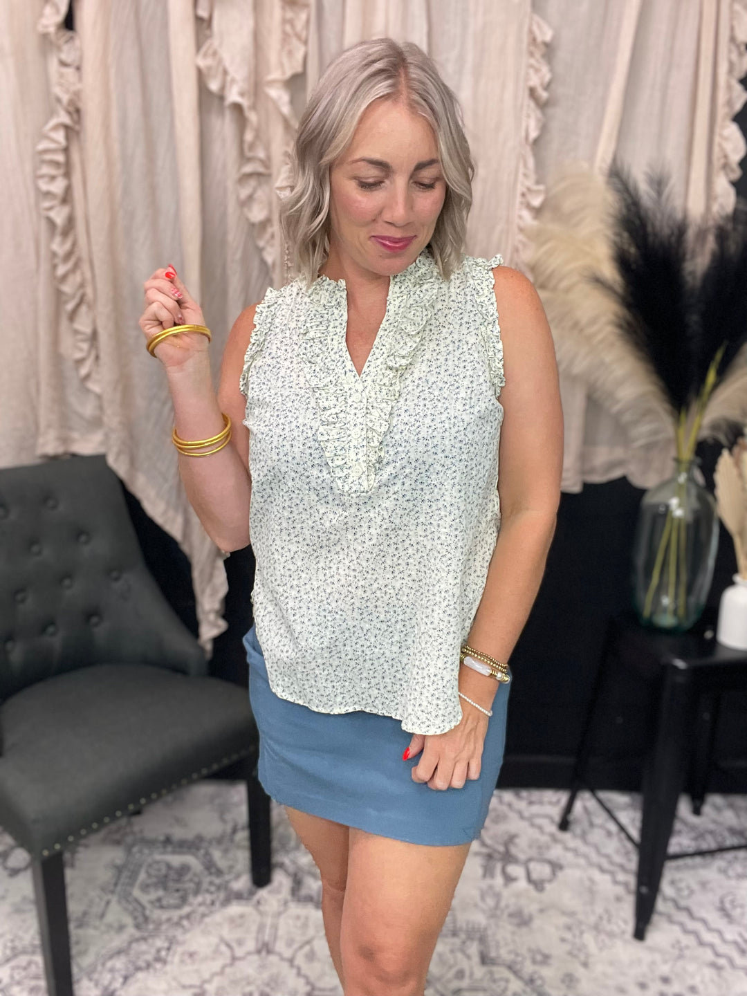 Cotton Ditzy Floral V-Neck Ruffled Sleeveless Top