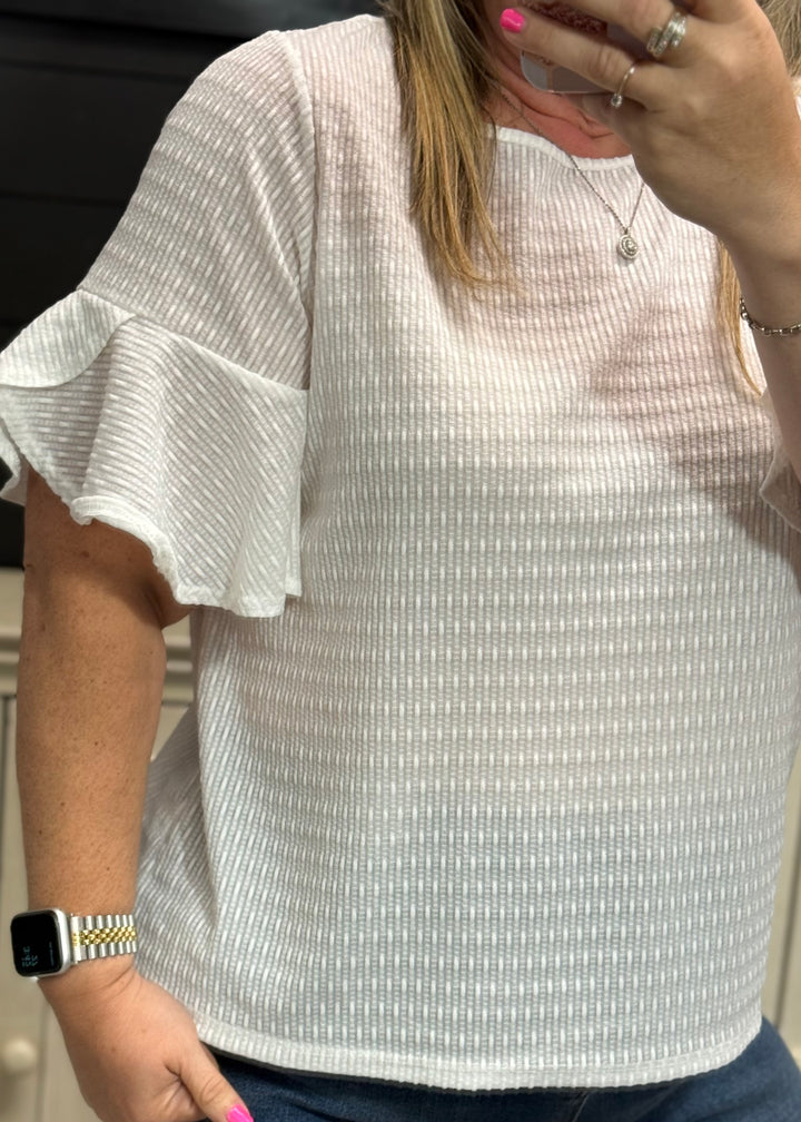 White Textured Bell Sleeve Top