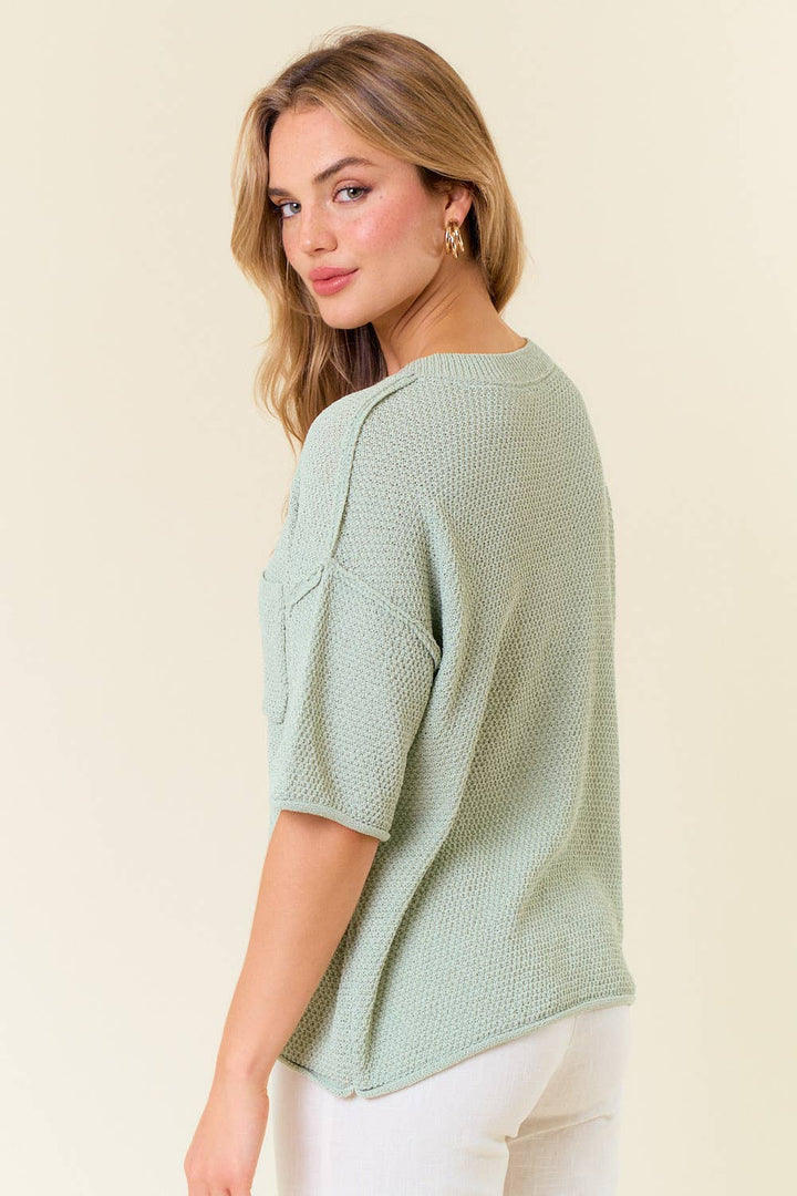 V-Neck Dropped Short Sleeve Exposed Seam Sweater