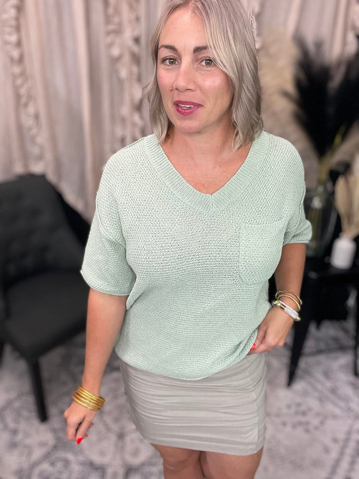 V-Neck Dropped Short Sleeve Exposed Seam Sweater
