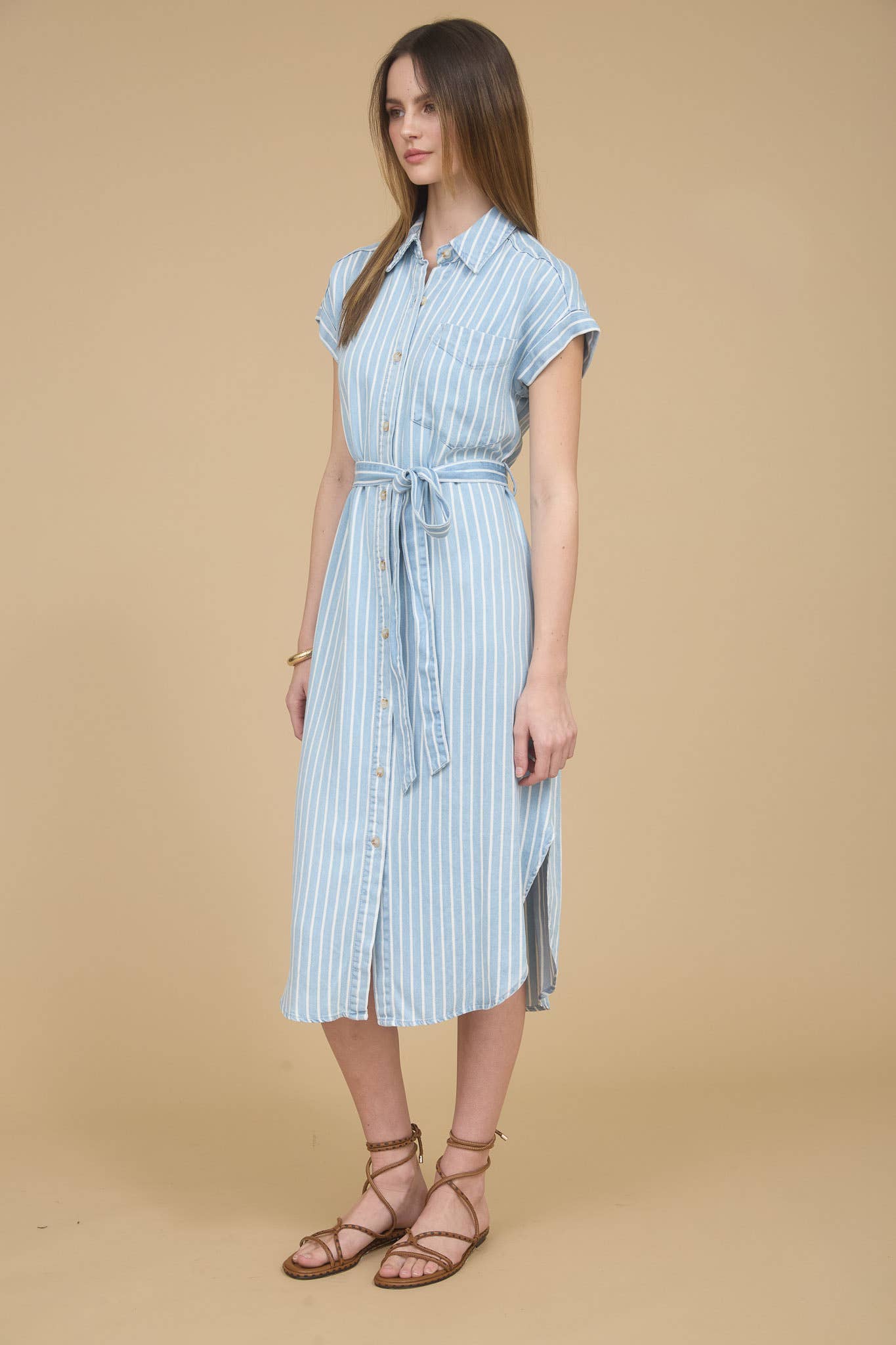 STRIPE CHAMBRAY COLLARED TIE BELT STRAP MIDI DRESS