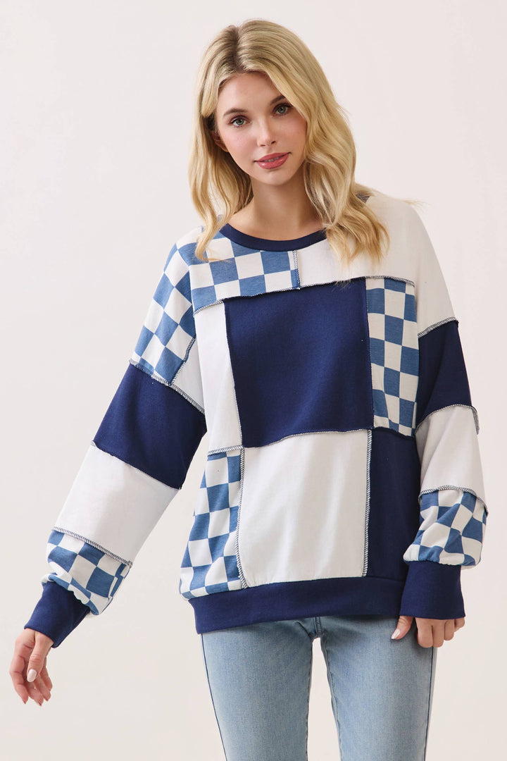 Midnight Navy Check Patchwork Top