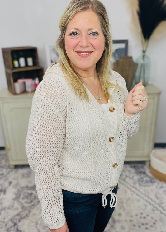 Fisher Net Hooded Top  Cardigan With Big Wooden Button
