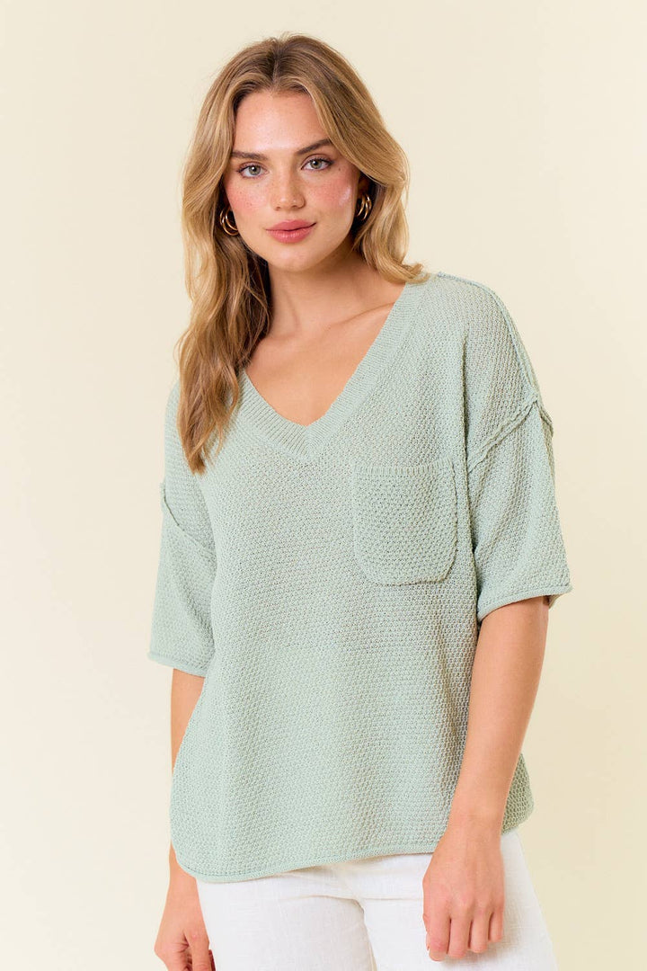 V-Neck Dropped Short Sleeve Exposed Seam Sweater