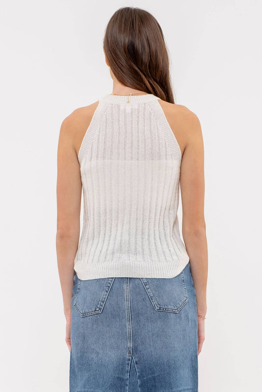 IVORY HALTER CROCHET KNIT TANK TOP