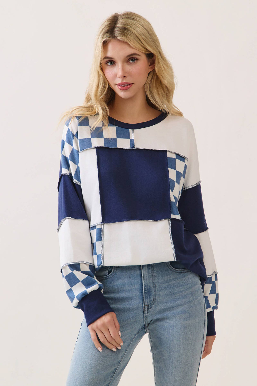 Midnight Navy Check Patchwork Top