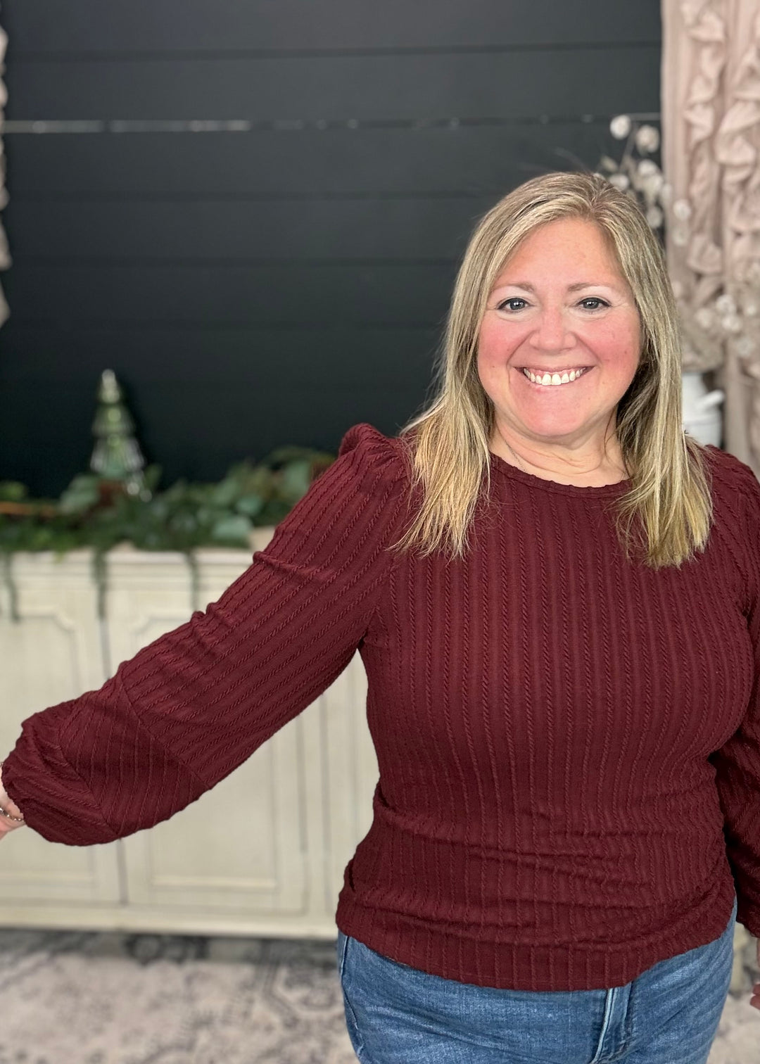 Merlot Bubble Sleeve Textured Top