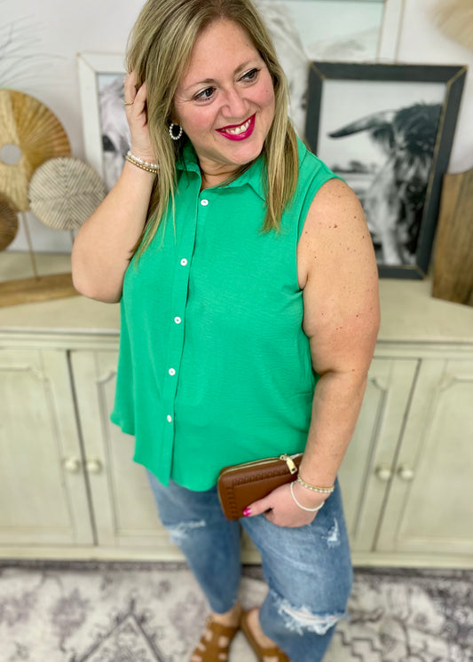 Kelly Green Sleeveless Button Down with Collar Top