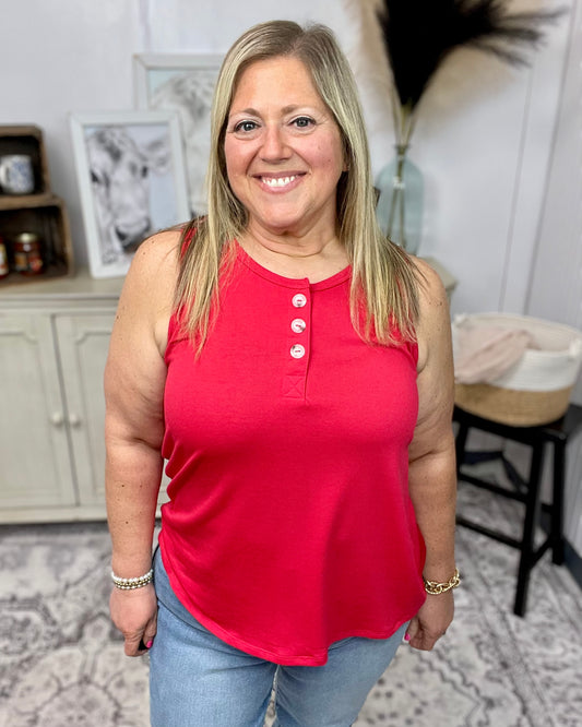Front Button Detail Terry Cloth Tank Top: RED