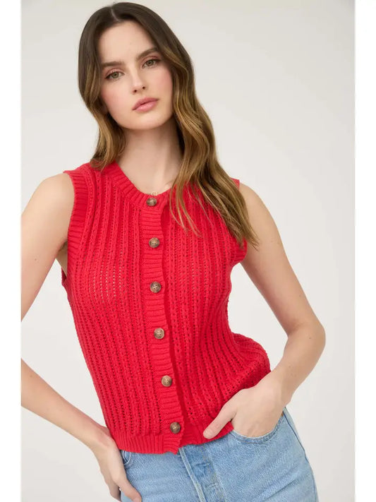 Red Sleeveless Button Down Cardigan