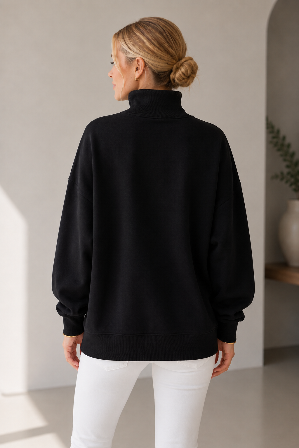 BLACK - MOCK NECK SWEATSHIRT WITH MELANGE FLEECE AND RIB CONTRAST