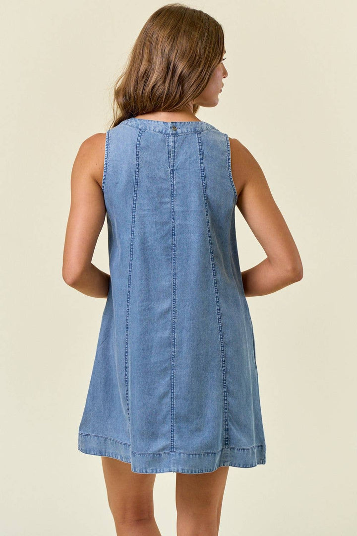 Chambray Round Neckline Sleeveless A-Line Mini Dress