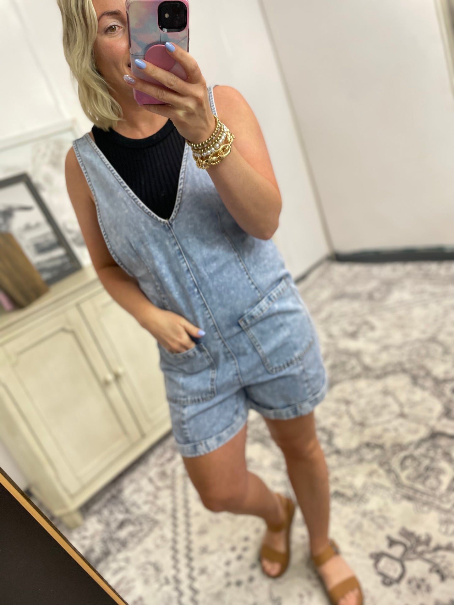 Washed Denim Casual Romper: INDIGO