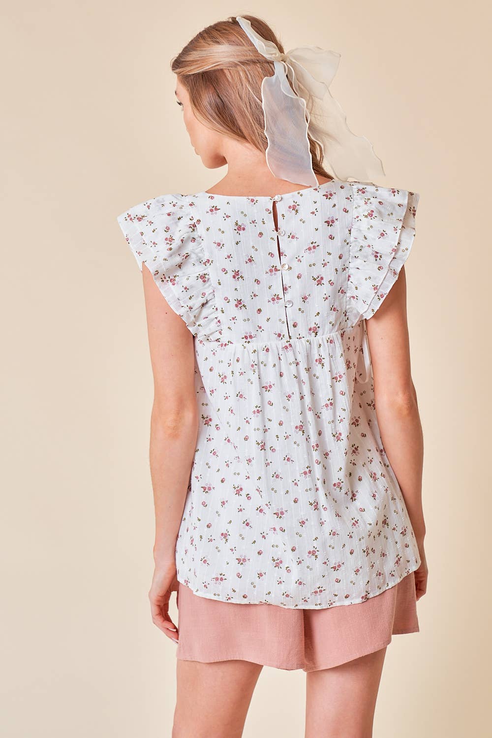 Swiss Dot Floral Print Ruffle Top With Button Back