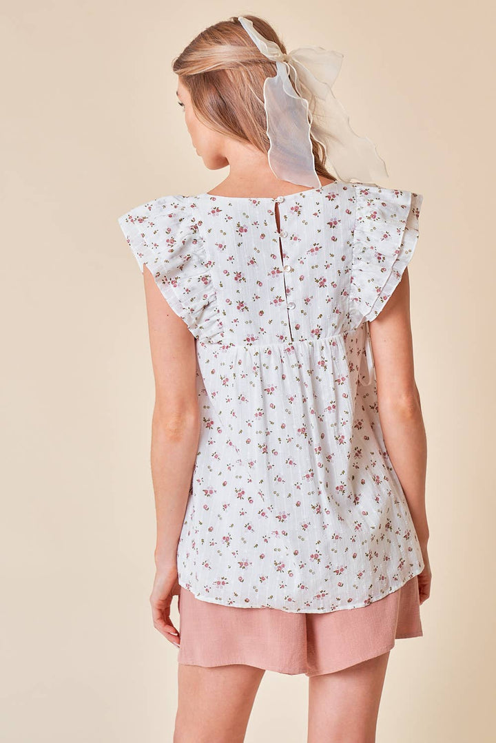 Swiss Dot Floral Print Ruffle Top With Button Back