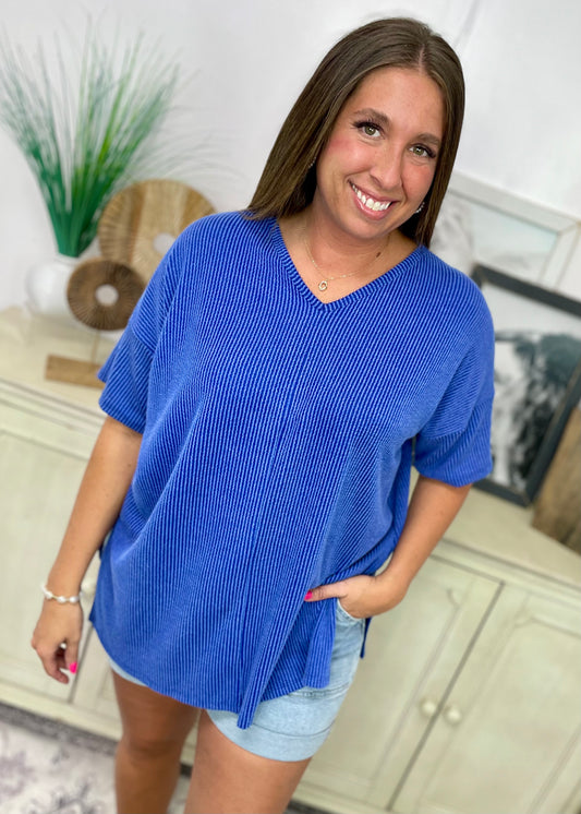 Royal Blue - V Neck Oversized Ribbed Knit Top