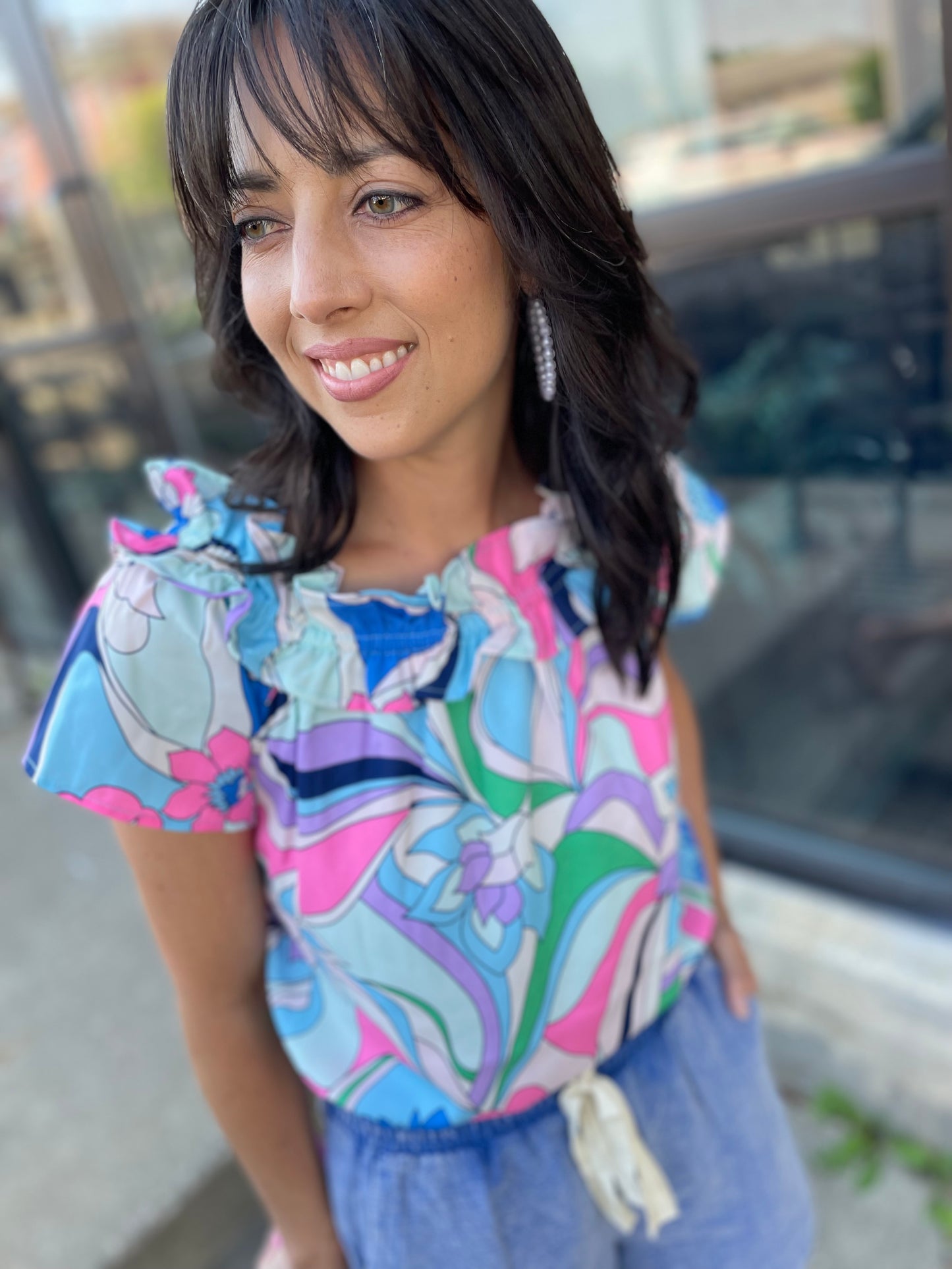 Soft Abstracted Off Shoulder Top - Blue