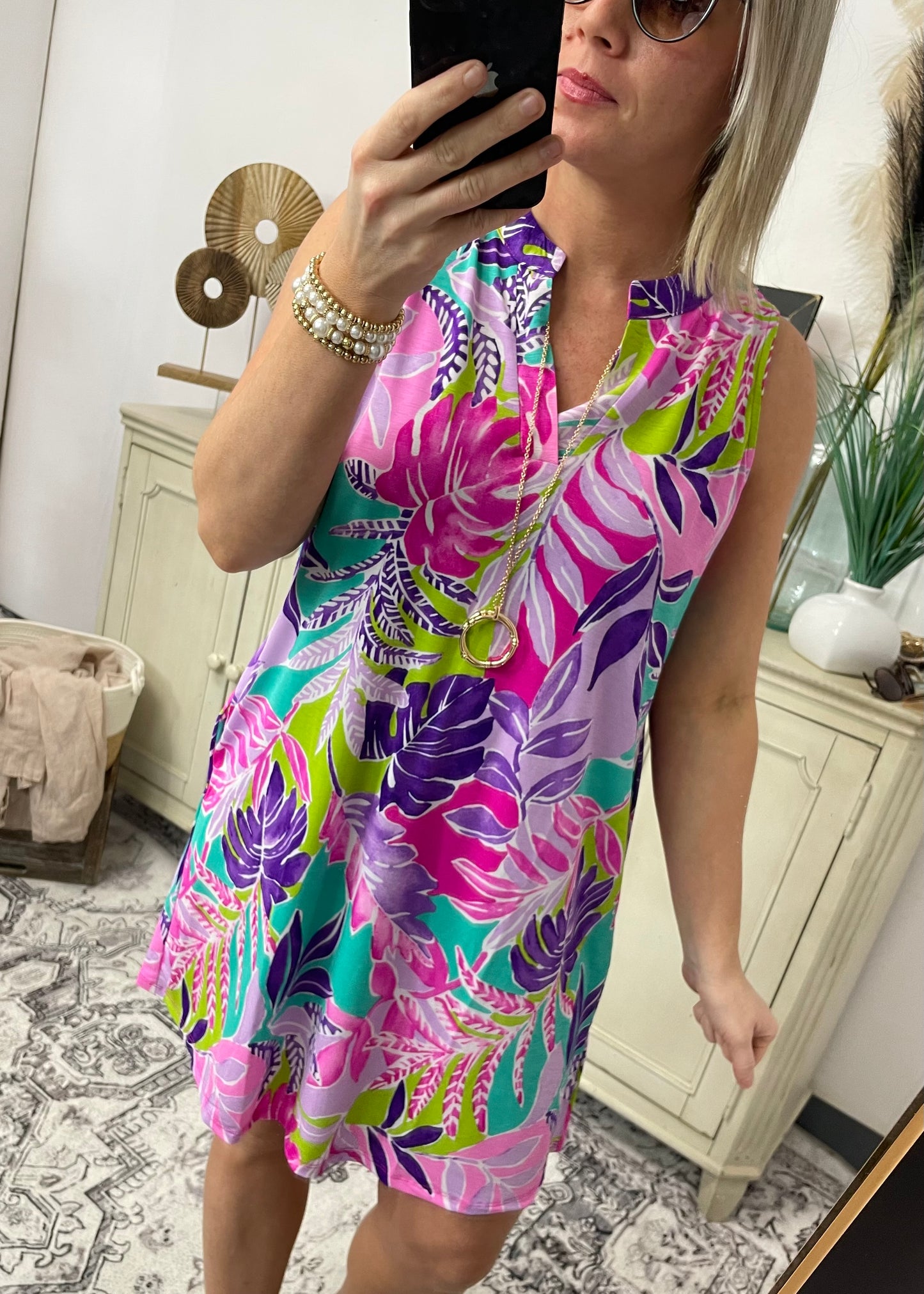 Magenta Summer Tropical Leaf Print Dress