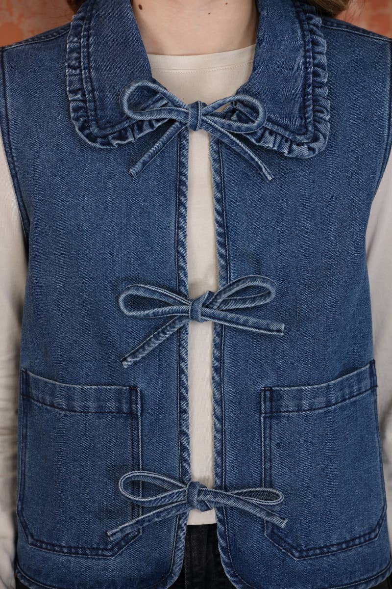Denim Ruffle Collar Washed Front Bow Tie Vest: Blue Blast