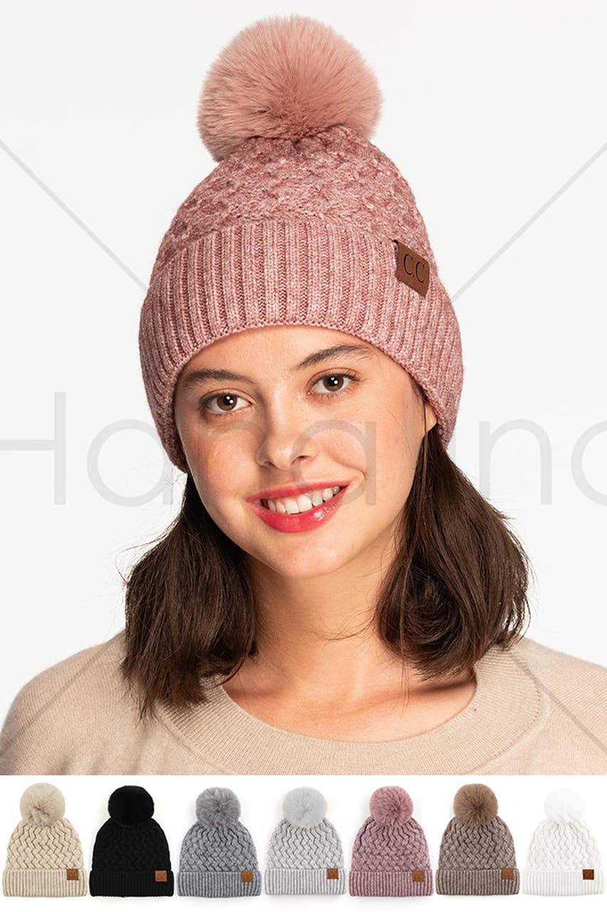 C.C Woven Cable Stitch Cuff Soft Pom Beanie Winter Hat: Beige