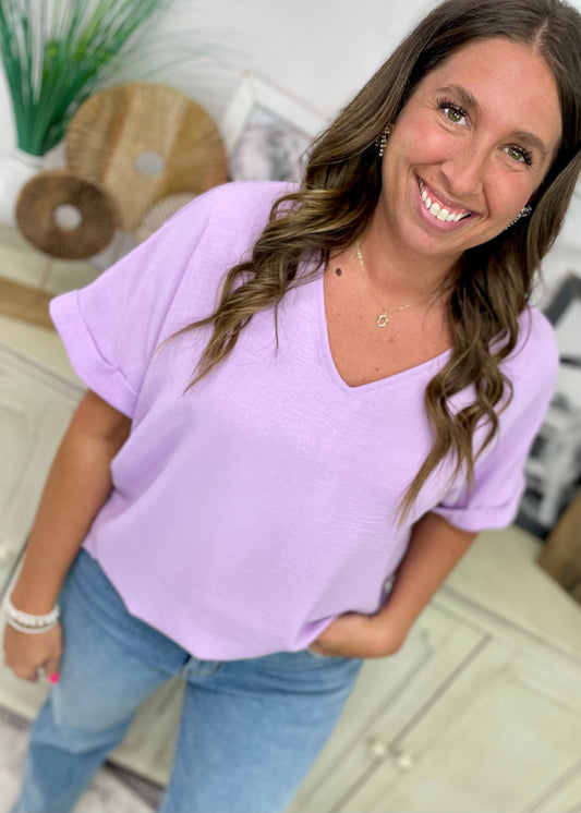 Lilac - Dolman Sleeve V Neck Blouse Top