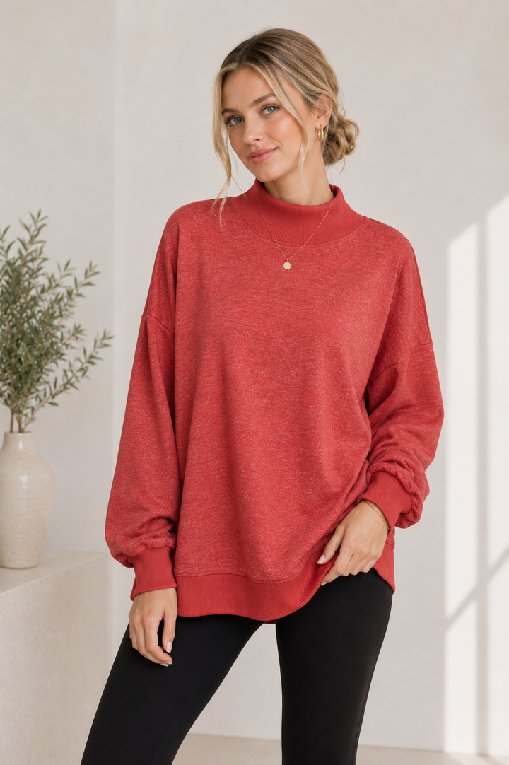 RED - MOCK NECK SWEATSHIRT WITH MELANGE FLEECE AND RIB CONTRAST