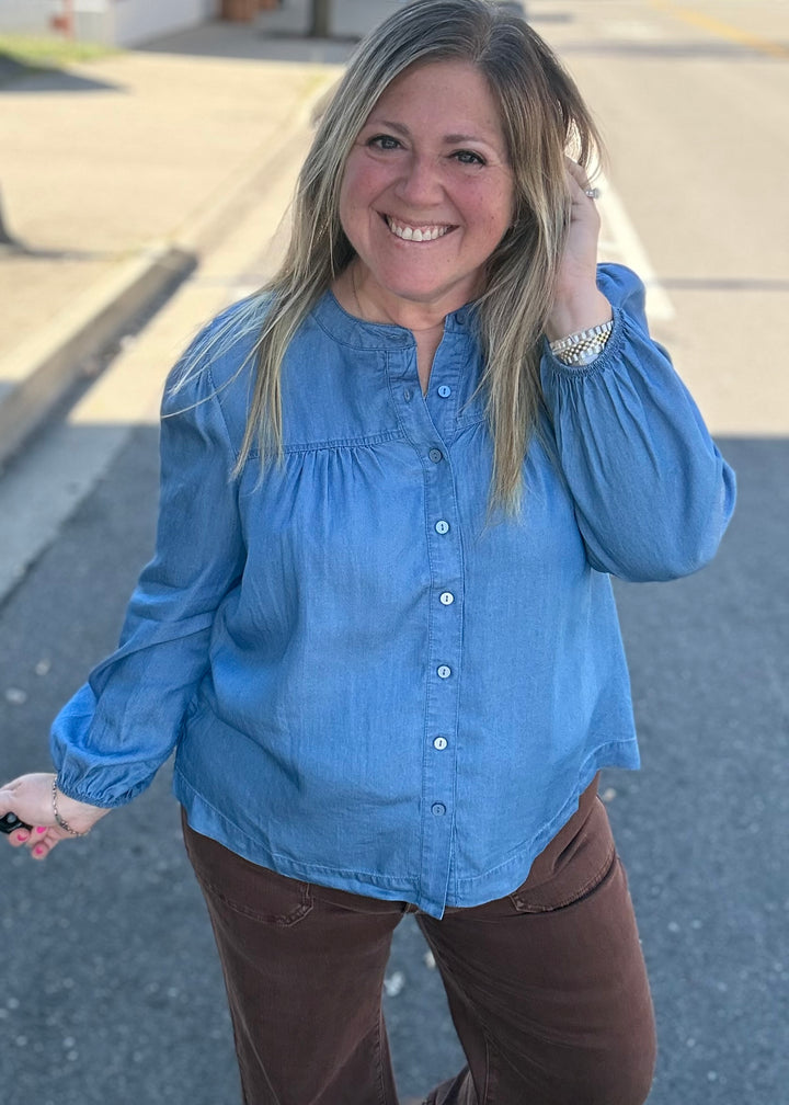 Tencel Button Front Peasant Top