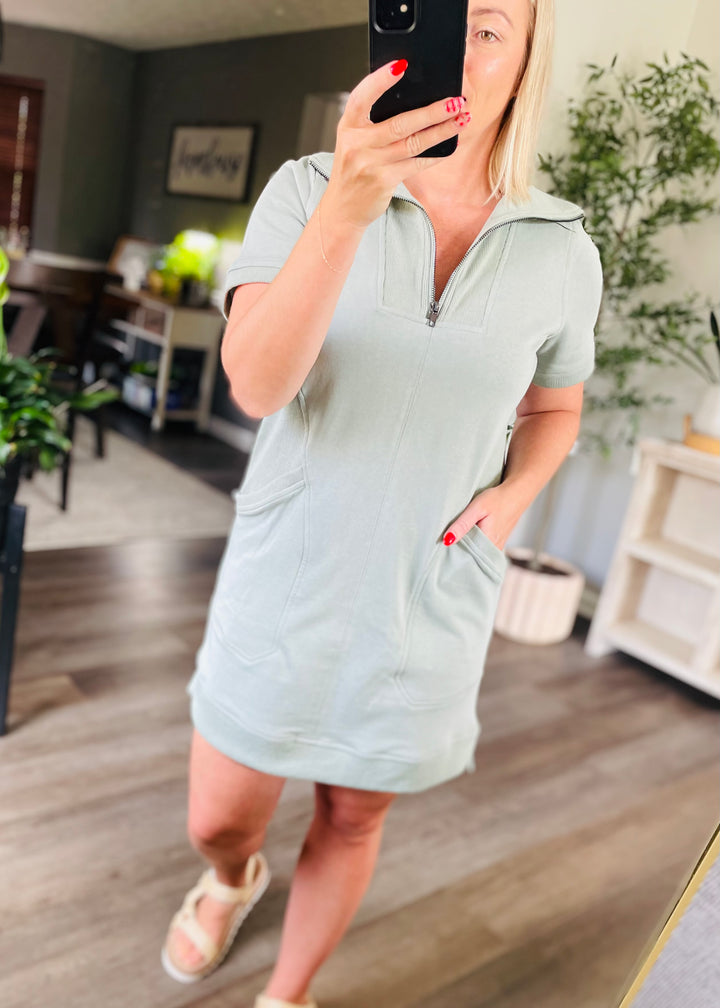 FRENCH TERRY ZIP-FRONT SHORT SLEEVE MINI DRESS
