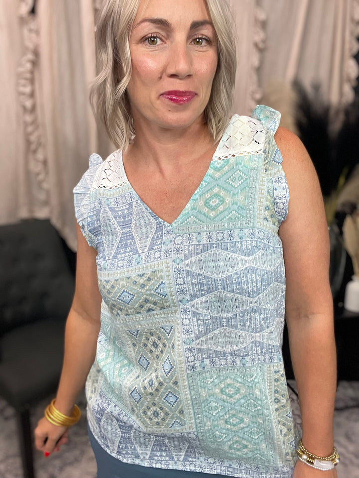 Lace V-neck Top With Back Button Detail