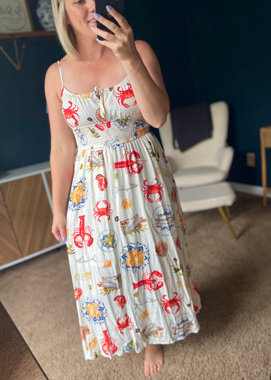 SEASIDE LUNCH PRINT SPAGHETTI STRAP MIDI DRESS