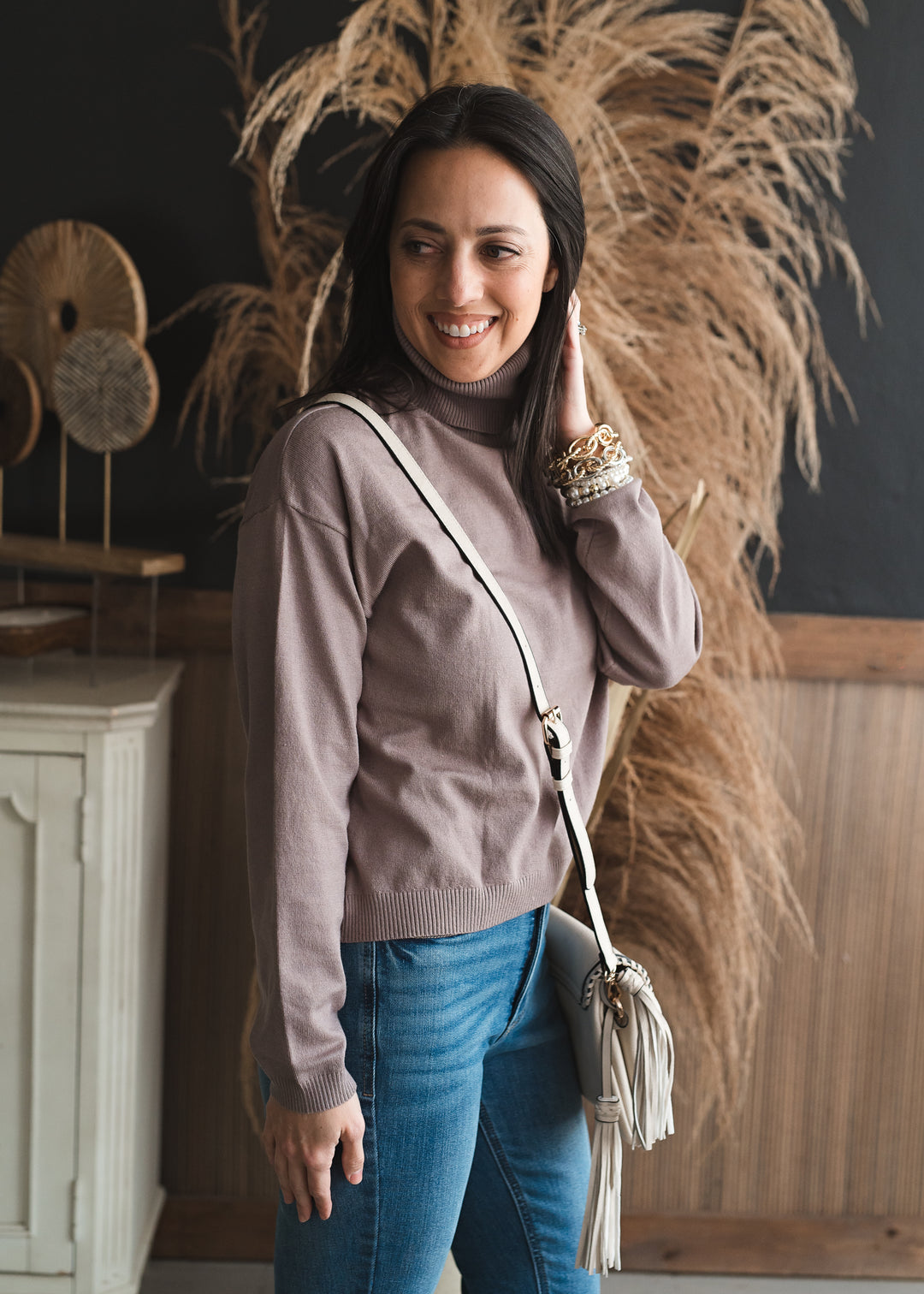 Turtle Neck Midi Dress Set - Mocha and Cream