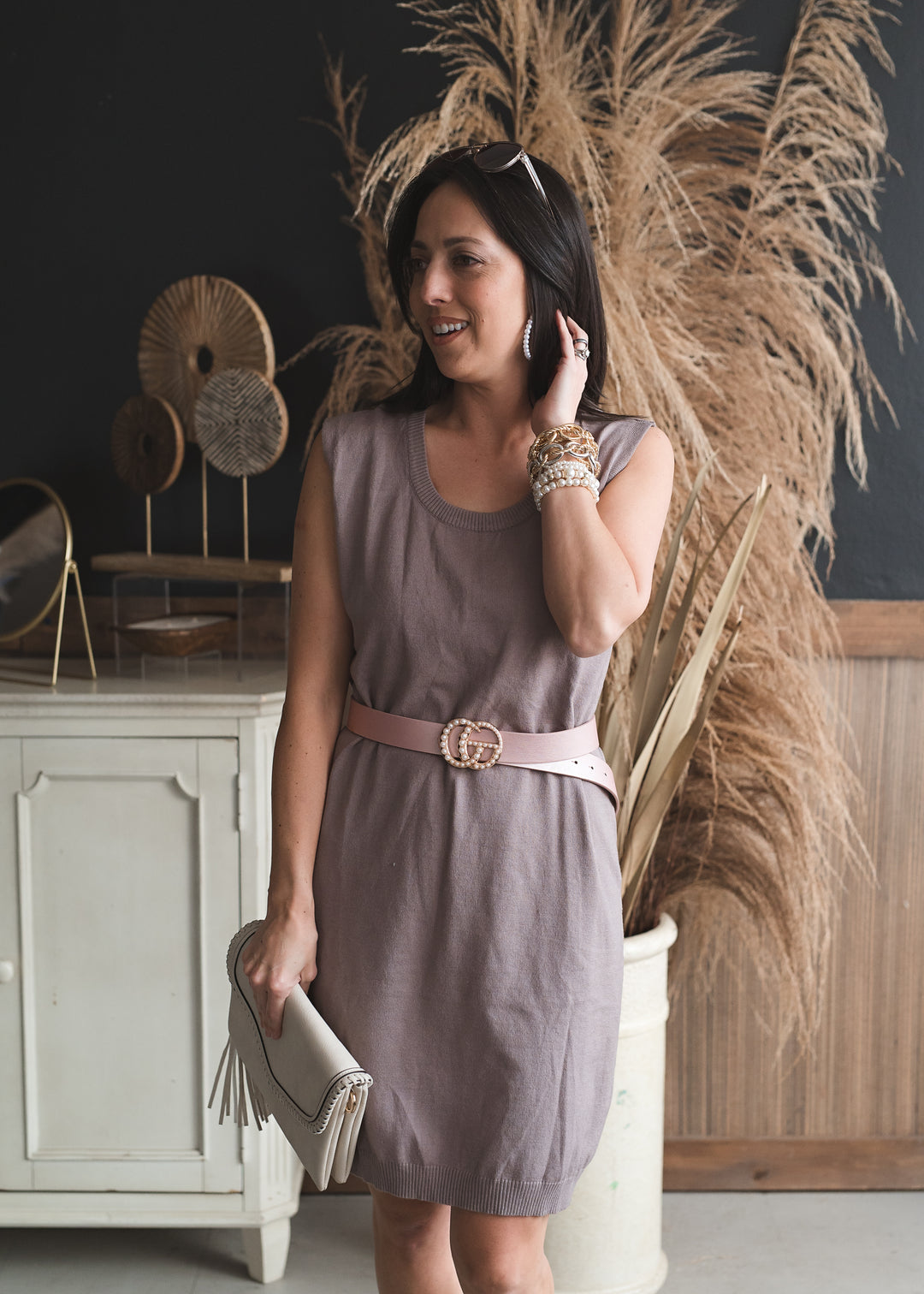 Turtle Neck Midi Dress Set - Mocha and Cream