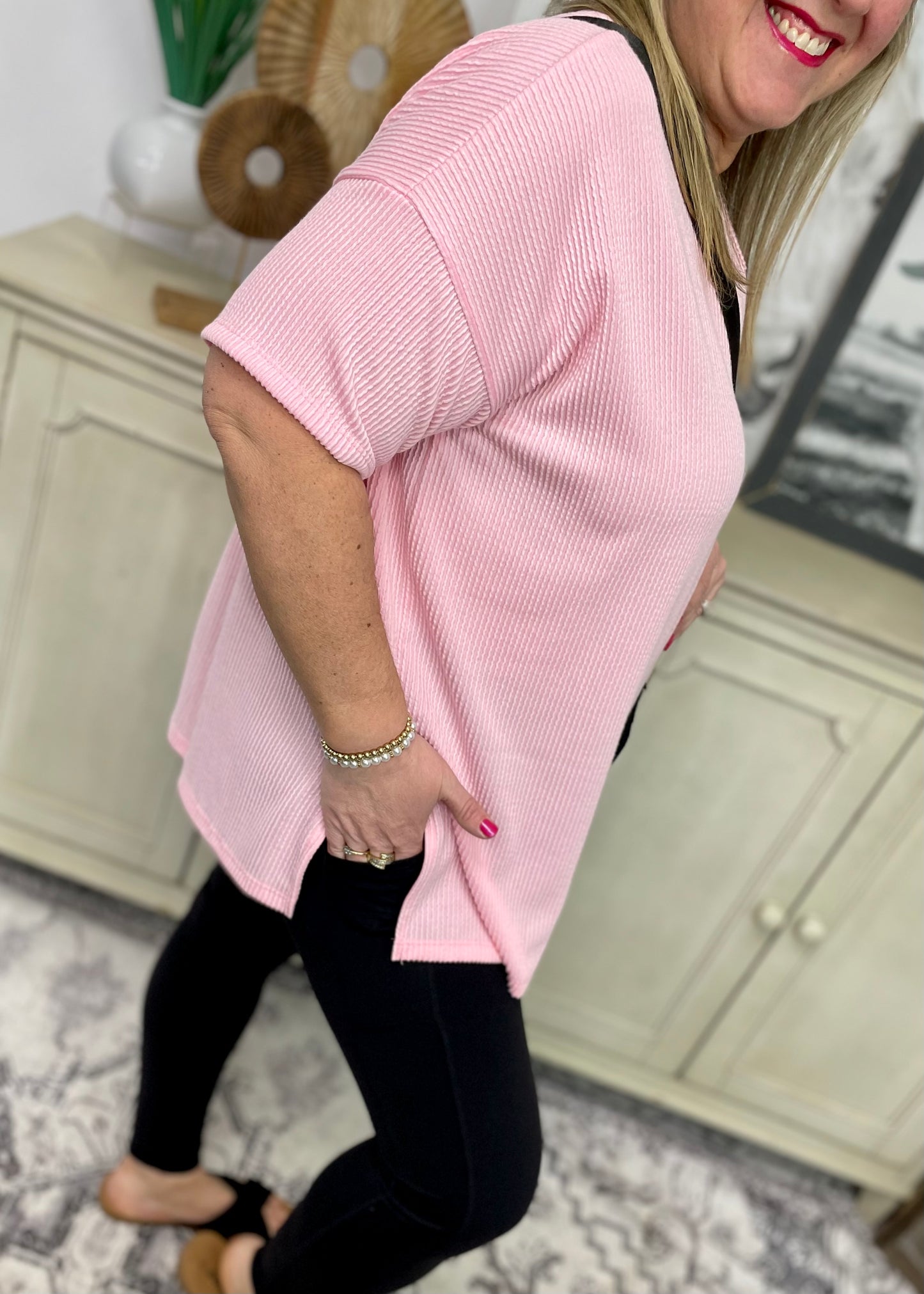 Light Pink - V Neck Oversized Ribbed Knit Top