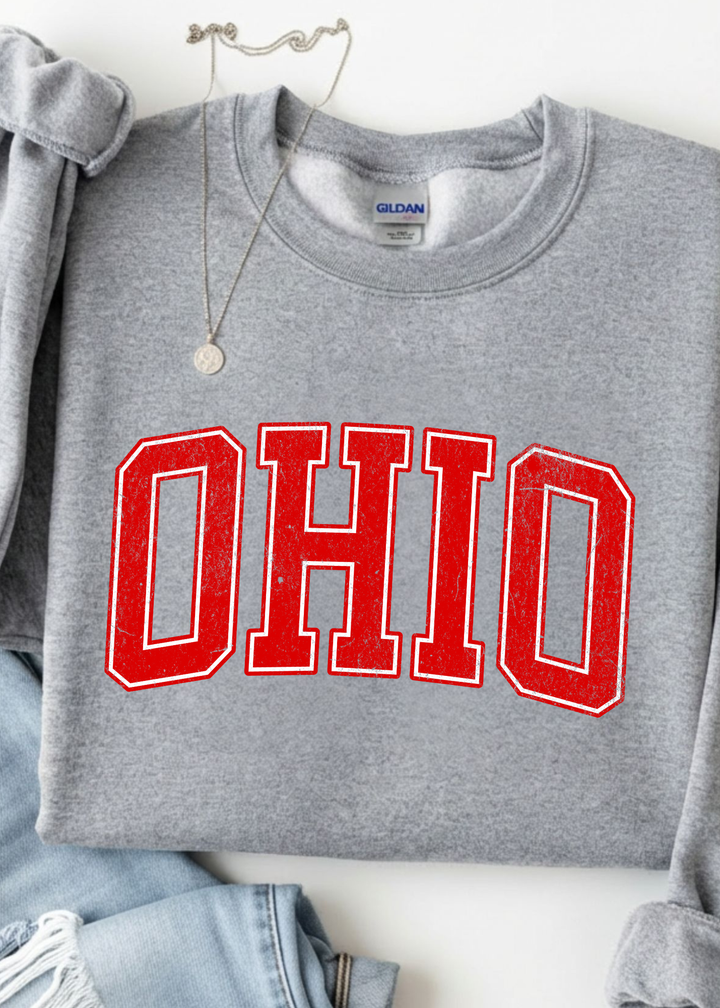 RED DISTRESSED OHIO VARISITY LETTER RED GRAPHIC SWEATSHIRT