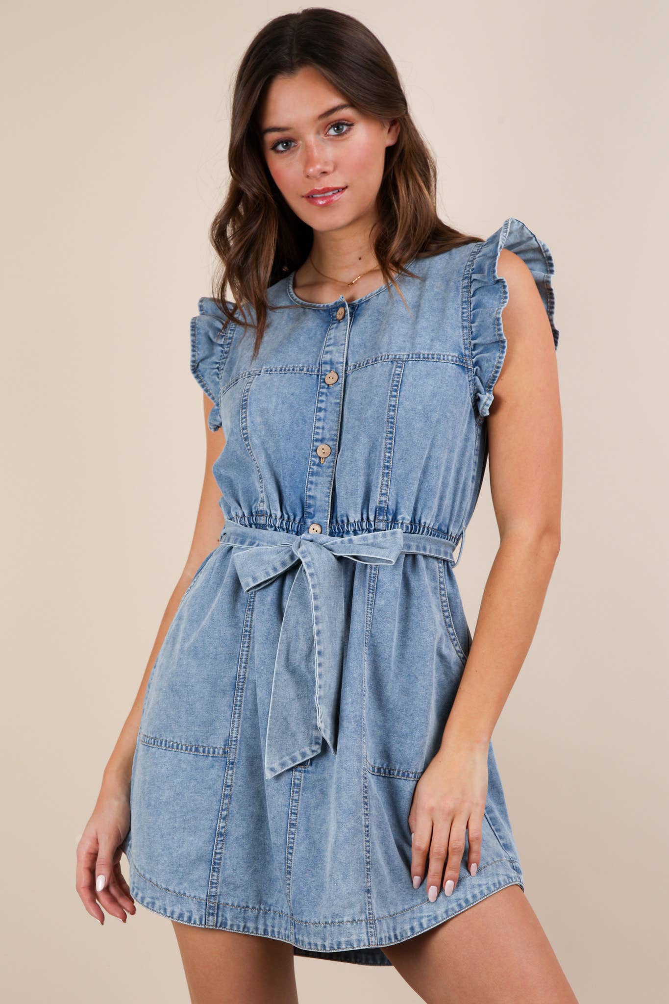 Washed Chambray Ruffle Detail Mini Dress: INDIGO